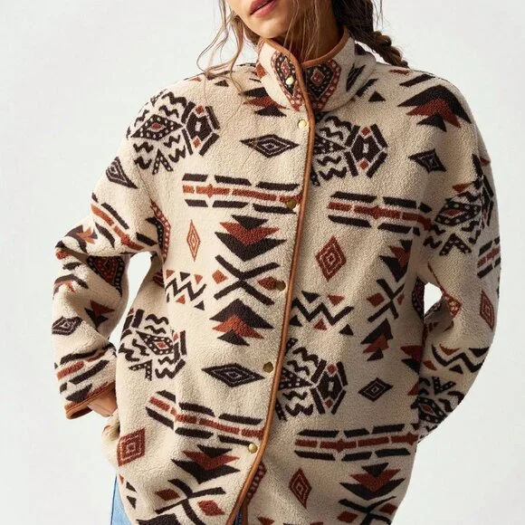 Multicolor Casual Women's Geometric Print Reversible Fleece Jacket - Picture 7 of 8